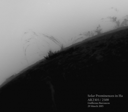 Solar loop prominences inverted color - 29 March 2015